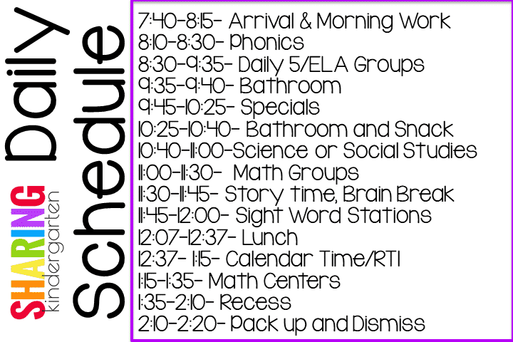 Kindergarten Daily Schedule Example