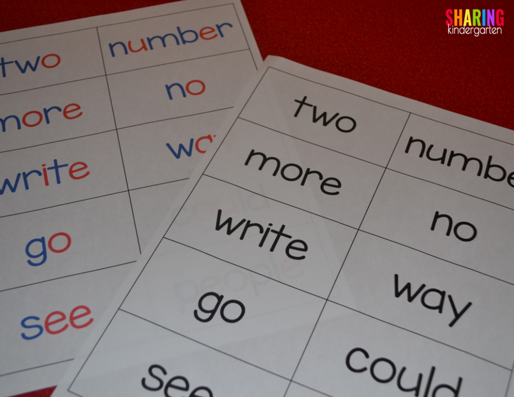 Two types of sight word cards are provided