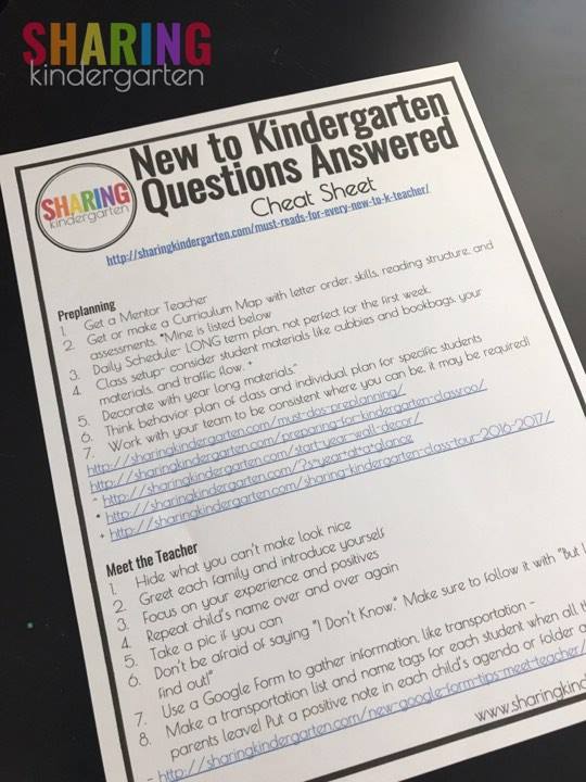 New to Kindergarten Cheat Sheet