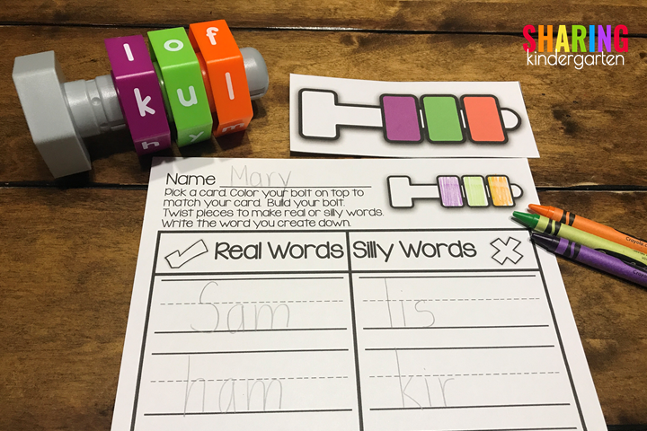 Turn the bolts to create real or nonsense words. (Don't worry... this pack includes the term silly AND nonsense words for your to choose from!)
