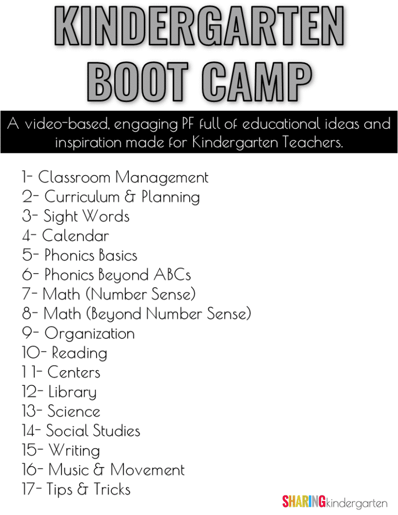 Kindergarten Boot Camp list of topics.