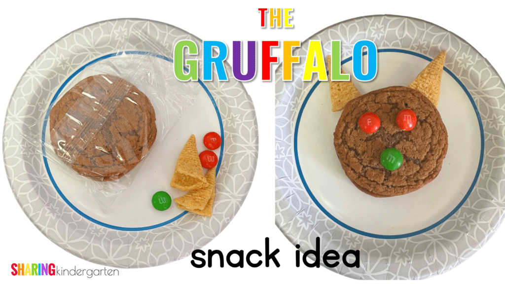 We created this simple snack to make The Gruffalo. Start with an oatmeal creme pie for the face and a few chocolate candies for the eyes and wart. Bugle chips for the horns are a great addition. Students can simply create their Gruffalo snack and enjoy it. It is almost as good as Gruffalo Crumble.