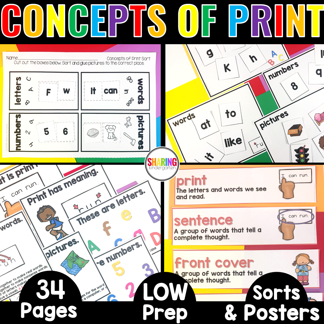 Concepts of Print Activities & Posters | Print Awareness Sorts & Vocabulary